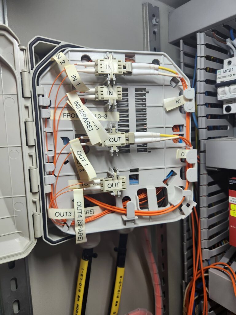 Organized fiber optic patch panel termination and labeling works for industrial network infrastructure